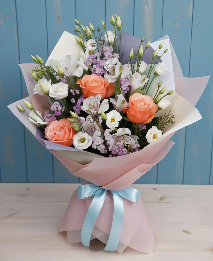 Букет цветов из: Лизиантусы, Розы, Альстромерии и Гипсофила в Миассе