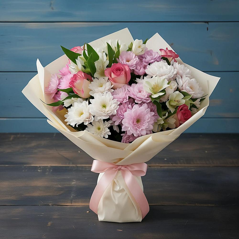 Букет цветов из: Хризантемы, Альстромерии и Розы в Миассе